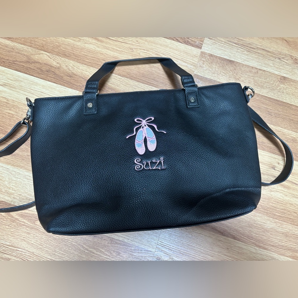 Thirty One Black Pebbled Tote w/ Crossbody Strap Embroidered Ballet Slippers